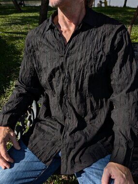 Vintage ISSEY MIYAKE Men's Shirt Black Pleated Long Sleeve Button Size 4 M L XL